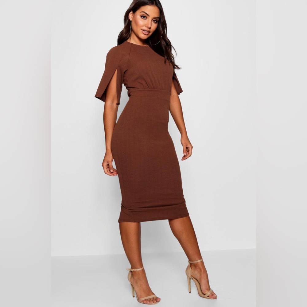 Boohoo Chocolate brown midi dress with split-sleeve detail